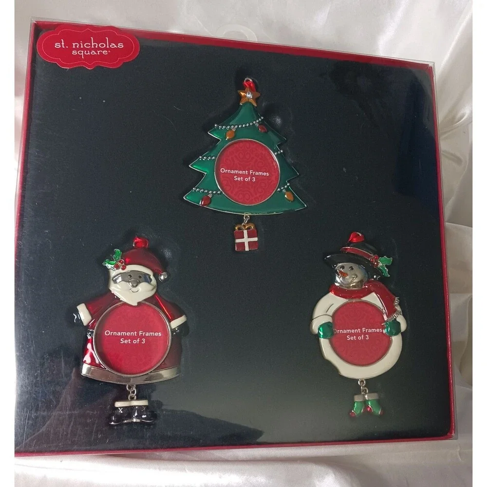ST. NICHOLAS SQUARE PICTURE FRAME CHRISTMAS ORNAMENT SET OF 3-SANTA,TREE,SNOWMAN